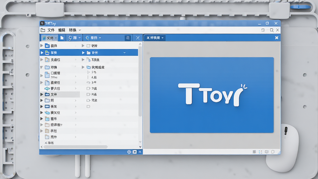 画面中央展示TiffToy软件主界面,左侧为文件列表,右侧为预览窗口,背景为干净的浅灰色工作台,界面采用现代扁平化设计,以蓝色和白色为主色调,顶部菜单栏清晰标注“文件”、“编辑”、“转换”等选项,整体布局规整,细节精致,画质高清,无多余元素