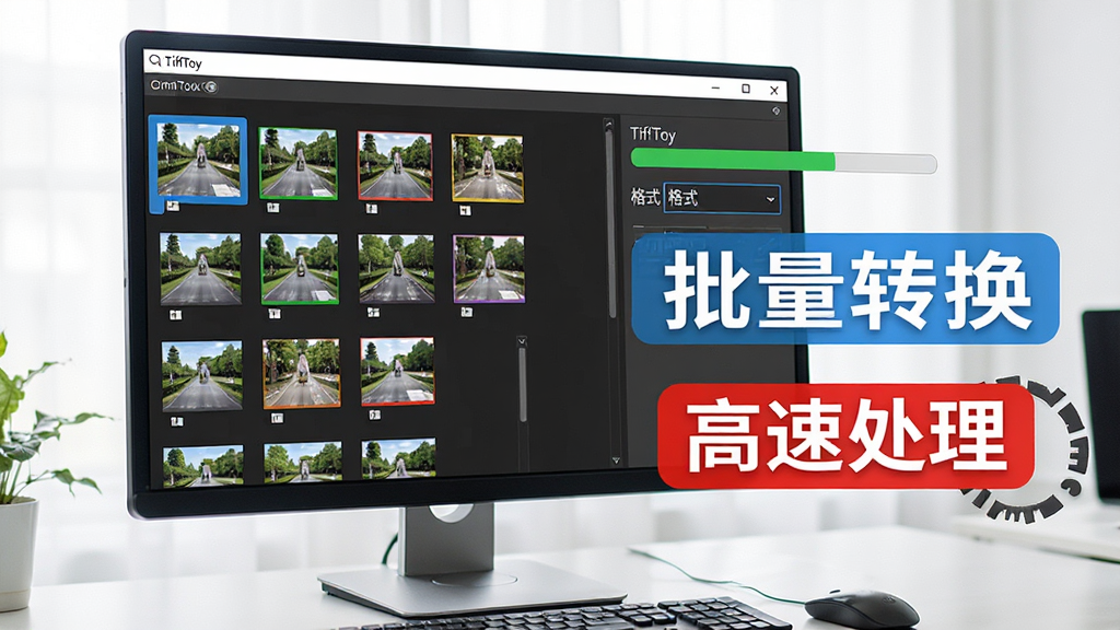 电脑屏幕前展示TiffToy批量转换界面,多张TIFF缩略图排列在左侧,右侧显示转换进度条和格式选项下拉菜单,画面明亮,强调“批量转换”和“高速处理”文字标签,现代软件界面风格,高清晰度,无杂乱元素