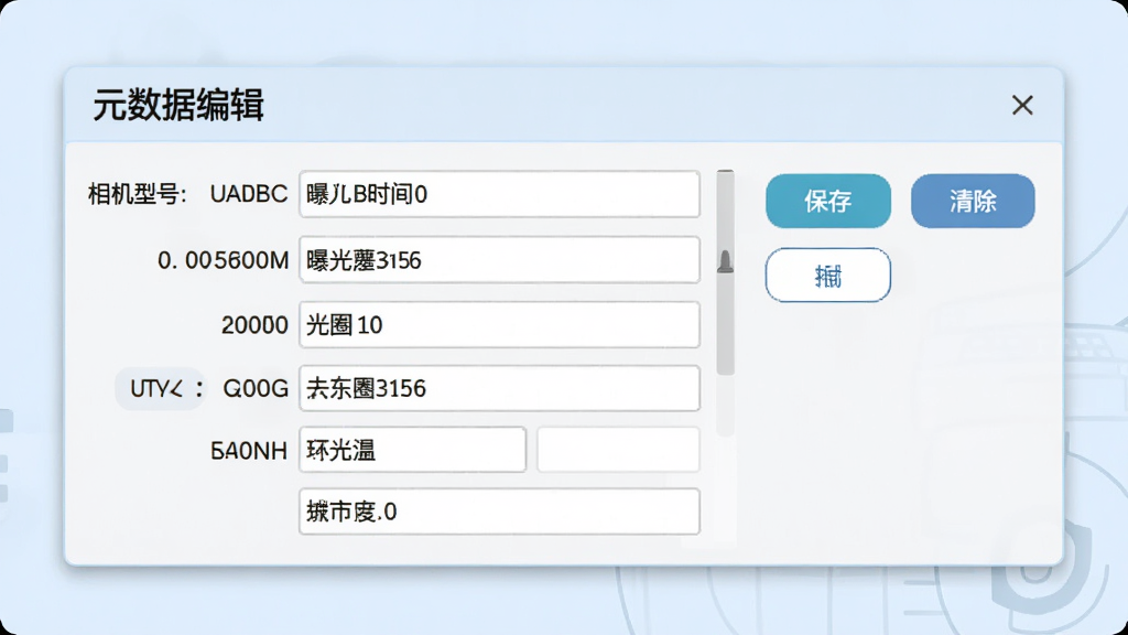 软件界面中显示元数据编辑面板,包含相机型号、曝光时间、光圈值等字段,右侧有保存和清除按钮,背景为淡蓝色调,突出“元数据管理”功能,界面清晰,画质高清
