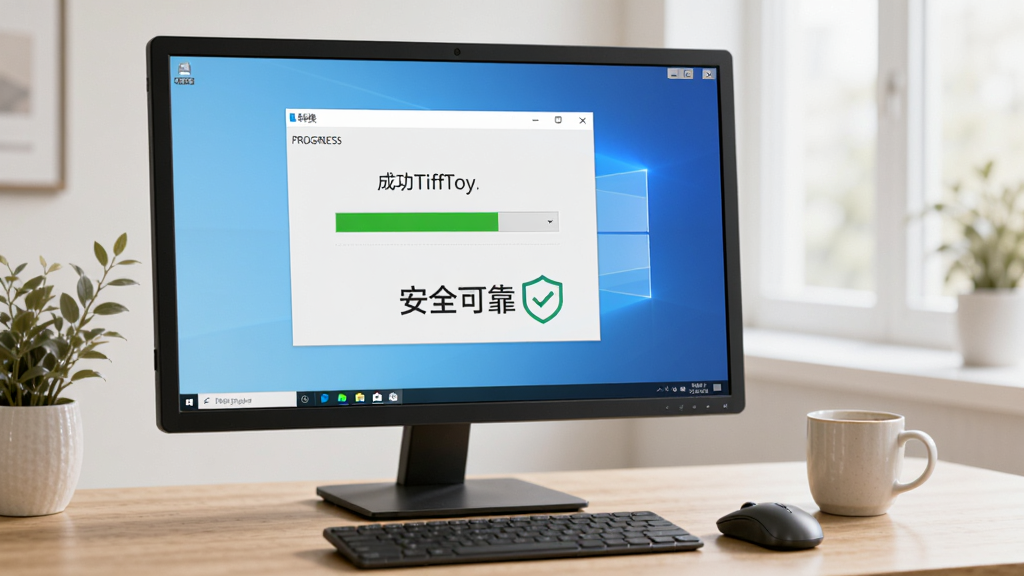 展示TiffToy软件在Windows电脑上运行的场景,屏幕中显示转换进度和成功提示,桌面上摆放着鼠标和咖啡杯,整体氛围轻松高效,画面干净明亮,突出“安全可靠”的感觉