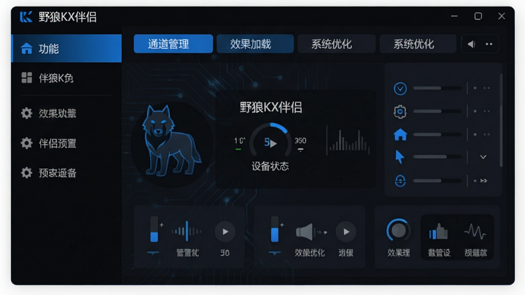 主体:野狼KX伴侣软件主界面预览图。布局:左侧为功能导航栏,右侧为音频通道设置面板,中央显示当前设备状态。排版:界面采用深色主题,功能图标整齐排列,色彩以蓝黑为主,搭配白色文字。风格:现代科技感,扁平化设计。细节:面板上显示