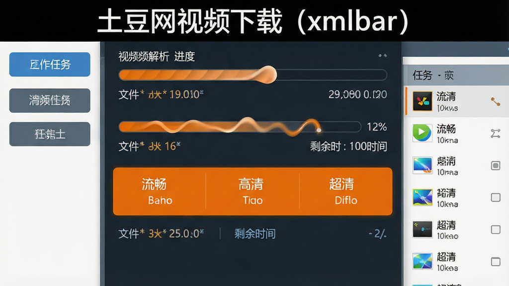 主体:软件界面特写,显示视频解析进度条与清晰度选择菜单,界面顶部有“土豆网视频下载(xmlbar)”标识。布局:界面居中,左右两侧分布功能按钮与任务列表。排版:扁平化UI设计,橙色高亮当前下载任务,清晰度选项包括“流畅”“高清”“超清”。风格:写实与扁平结合,科技感强。细节:进度条呈动态流动效果,文件大小与剩余时间实时更新。画质:干净,无多余元素。