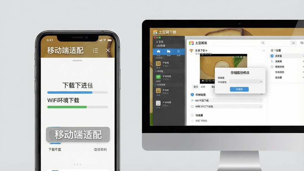 主体:手机与电脑并排,屏幕中显示土豆网视频下载软件的任务管理界面,手机端显示“移动端适配”字样。布局:左手机右电脑,背景为浅灰色。排版:界面元素放大展示,突出下载进度与设置选项。风格:写实与扁平结合,光线柔和。细节:手机屏幕中显示“WiFi环境下载”提示,电脑屏幕显示“存储路径修改”弹窗。画质:干净,无多余元素。