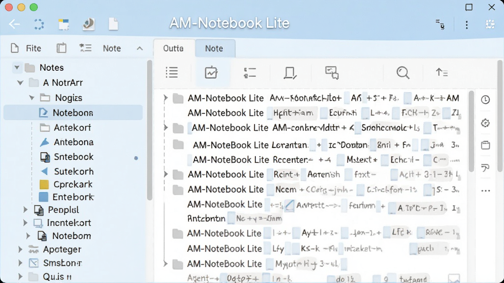 图片展示AM-Notebook Lite的主界面,左侧为笔记分类树状列表,右侧为笔记编辑区域,整体采用浅色清爽风格,界面简洁,布局清晰,突出“AM-Notebook Lite”字样,画质干净,无多余元素。