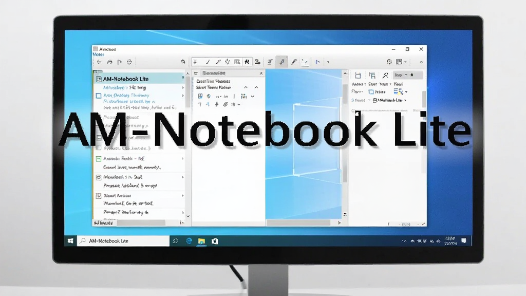 展示AM-Notebook Lite在Windows桌面上运行,界面显示笔记列表和编辑区域,电脑屏幕清晰,背景简洁,突出“AM-Notebook Lite”软件名称,画质干净,无多余元素。