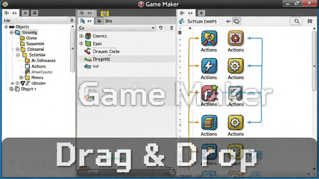 主体:Game Maker的可视化拖拽操作界面,显示事件面板和动作图标。布局:左侧为对象树,右侧为动作序列。排版:图标色彩鲜艳,逻辑连线清晰。风格:清爽直观,教育感强。细节:界面带有“Game Maker”水印和“Drag & Drop”字样。画质:明亮,干净,无多余元素。