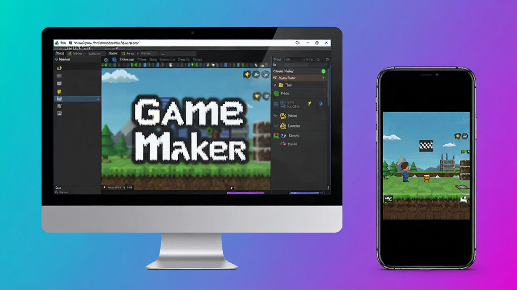 主体:电脑和手机并排,屏幕上都显示Game Maker运行界面。布局:左侧电脑,右侧手机,背景为渐变色。排版:简洁大气。风格:现代数码感。细节:电脑屏幕上有“Game Maker”标题,手机屏幕显示游戏画面。画质:清晰,干净,无多余元素。