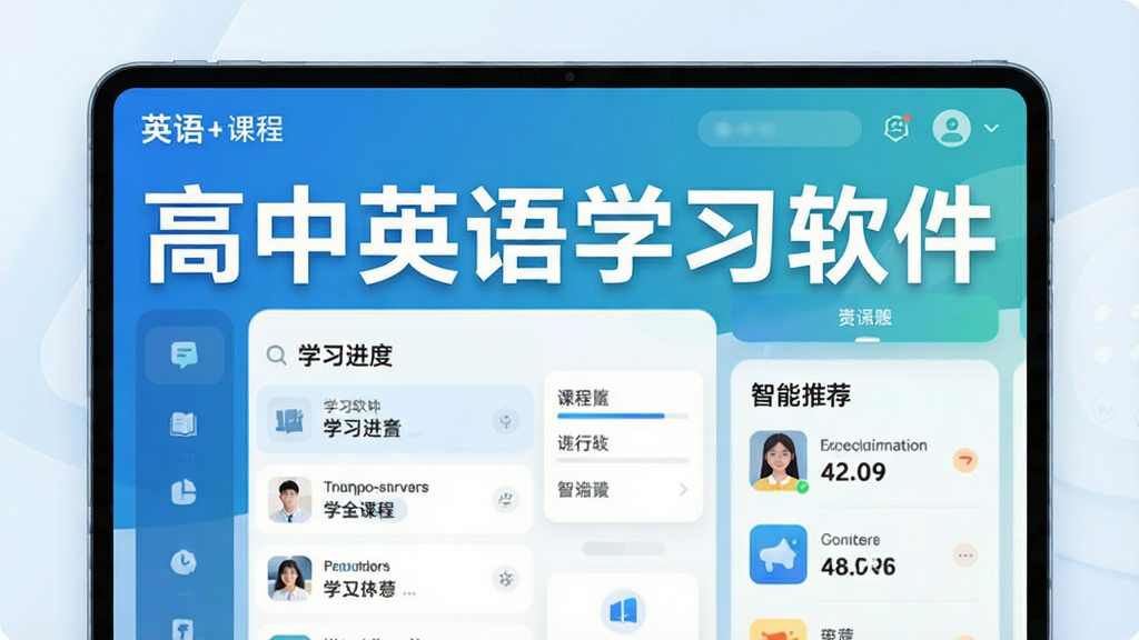 高中英语学习软件主界面预览图,展示课程列表、学习进度、智能推荐等核心功能,界面简洁清晰,色彩明快,配有“高中英语学习软件”字样,整体风格现代科技感,高清画质,干净无多余元素