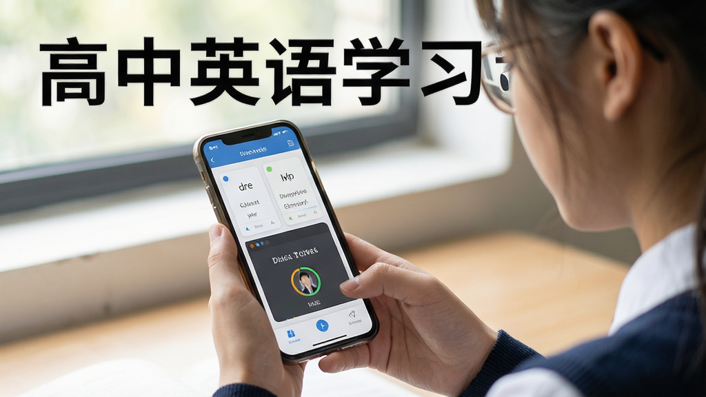 高中英语学习软件使用场景图,展示学生用手机学习英语的画面,界面显示单词卡片和口语评测,配有“高中英语学习软件”字样,自然光,高清画质,干净无多余元素