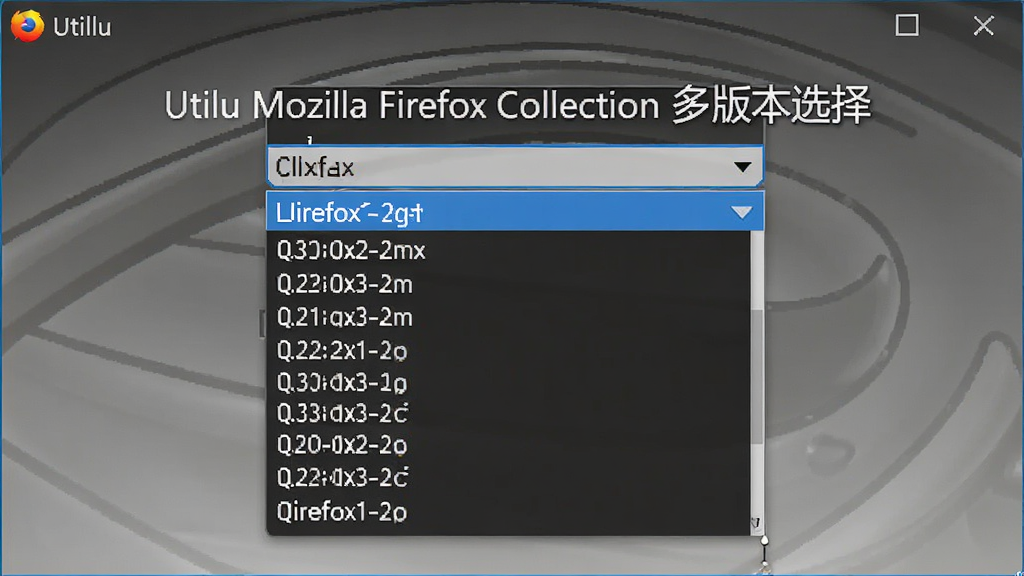 主体为软件版本选择界面,下拉菜单展开显示多个Firefox版本号,布局为居中排列,风格简洁,细节清晰,画质干净,画面中显示文字“Utilu Mozilla Firefox Collection 多版本选择”