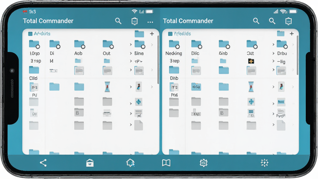 Total Commander 安卓版手机界面示意图,手机屏幕显示双窗口文件列表,底部有操作按钮,界面简洁,色调清新,画质清晰,无多余元素