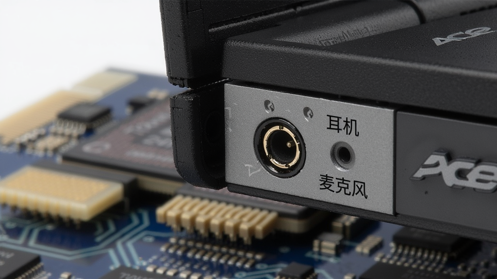 音频接口特写图,主体为宏TravelMate 2410笔记本侧面音频插孔,旁边标注“耳机”“麦克风”图标,背景为声卡芯片微距,布局清晰,风格科技感,细节丰富,画质高清,干净无多余元素