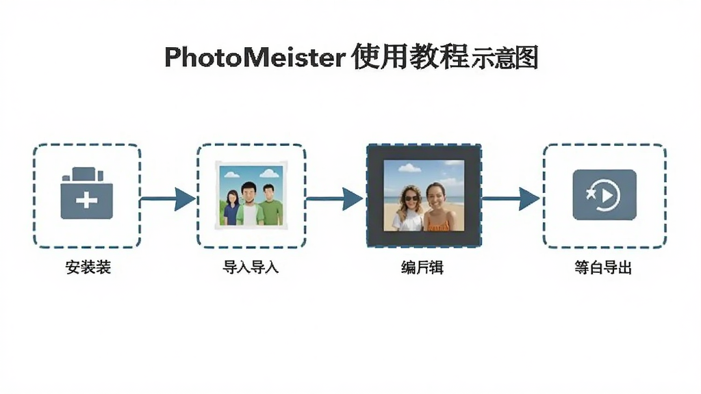 PhotoMeister使用教程示意图,画面展示软件操作步骤,包括安装、导入图片、编辑、导出等流程,以流程图形式呈现,风格简洁明了,画质清晰,干净无多余元素