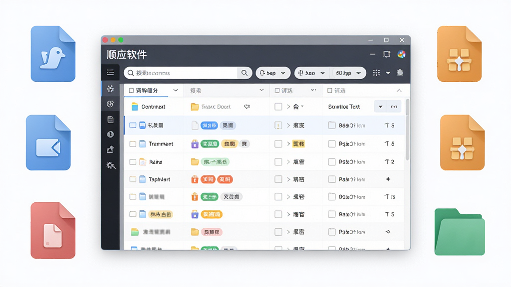 图片展示顺应软件智能文件归类功能的操作界面。主体为软件界面截图样机,周围环绕代表不同文件类型的彩色图标。布局上,中间是文件列表,顶部为搜索与筛选栏。排版清晰,突出“顺应软件”名称在窗口标题栏。风格清爽,细节展示自动分类标签,画质精细,背景干净。