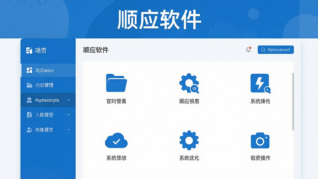 画面主体为顺应软件的品牌标识与主界面概念图,采用扁平化设计风格。界面布局清晰,左侧为功能导航栏,右侧为内容展示与操作区域,整体色调以科技蓝和简约白为主。排版上突出软件名称“顺应软件”字样,置于界面顶部中央。风格现代简约,细节上体现文件管理、系统优化等图标元素,画质高清干净,无多余元素。