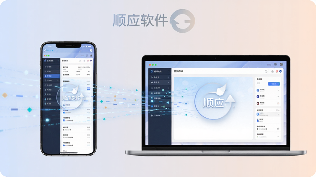 生成一张概念图,主体为一部智能手机和一台笔记本电脑并排摆放,屏幕中显示相同的顺应软件界面。布局左右对称,背景为淡雅的渐变色。排版上突出“顺应软件”的同步箭头图标。风格具有科技感,细节体现数据流动的光效,画质清晰明亮。