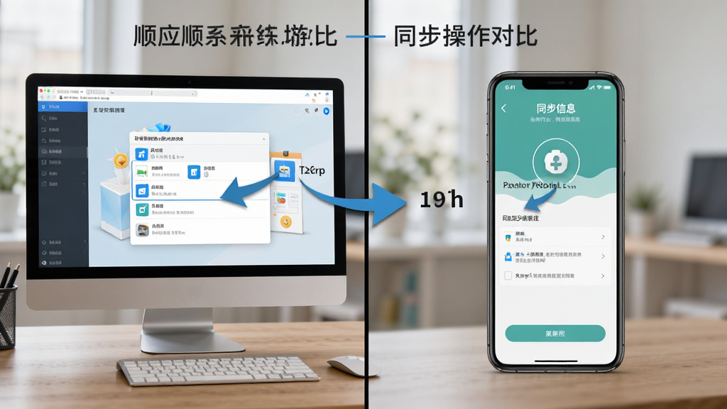 图片主体为顺应软件在电脑与手机上的操作对比场景。左侧是电脑端进行系统清理的界面,右侧是手机端查看同步信息的界面。布局采用分屏设计,风格写实,细节展示操作步骤箭头指引,画质清晰,背景虚化处理。