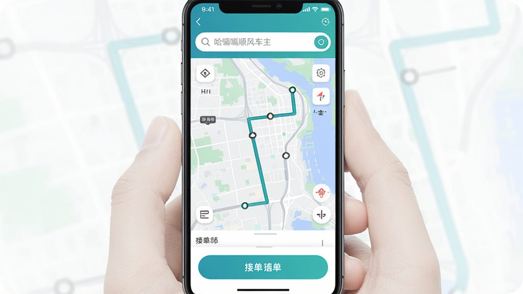 一张手机屏幕展示哈嘀顺风车主版主界面的高清图片,界面包含顶部搜索栏、中部地图路线展示、底部接单按钮,整体以蓝绿色为主色调,布局简洁现代,UI设计干净清爽,画质清晰细腻,无多余元素