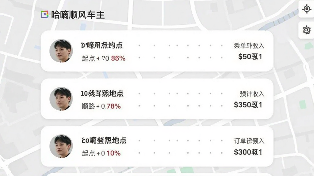 哈嘀顺风车主版订单匹配界面预览图,展示列表形式的乘客订单卡片,每张卡片包含乘客头像、起点终点、顺路度百分比及预计收入,背景为浅灰色地图,卡片采用圆角设计,整体风格简约商务,画质干净,无多余元素
