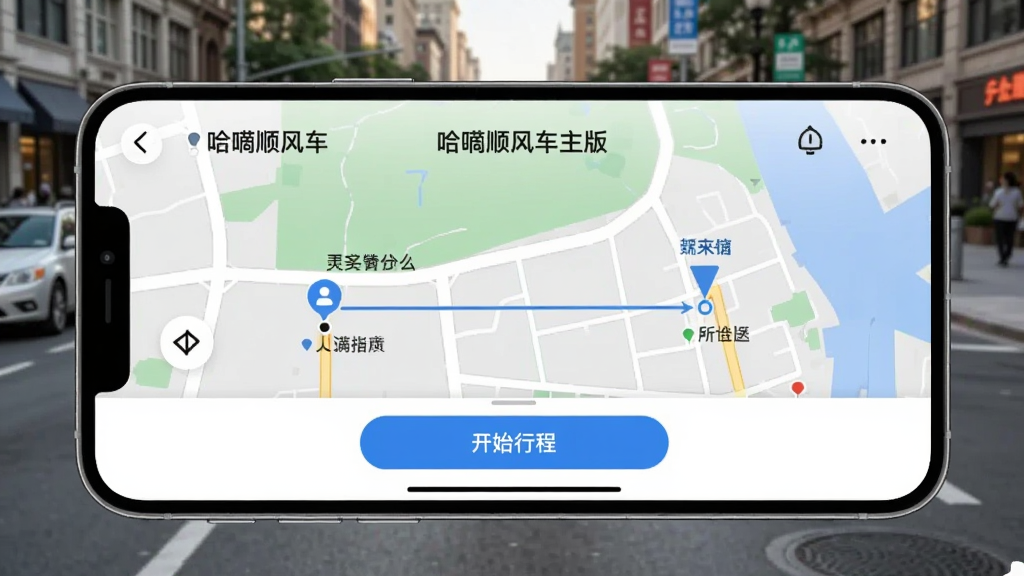 一部智能手机横屏显示哈嘀顺风车主版接单成功页面,地图上显示乘客起点与终点,底部有“开始行程”按钮,背景为街道实景,界面色彩鲜明,画质清晰,无多余元素
