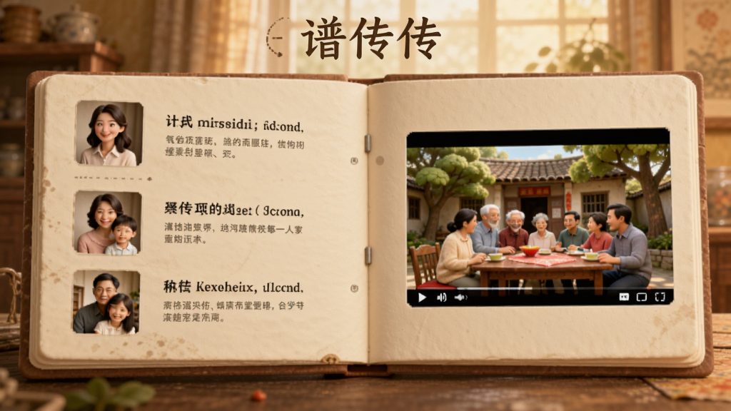 一张温馨的电子相册风格图片,主体是一本翻开的电子族谱,左侧页面显示家族成员照片和简介,右侧页面嵌入了一段视频播放画面,画面内容是家庭聚会的场景,背景有老宅和绿树,整体风格怀旧而温暖,顶部有“谱传传”字样,画质细腻,色彩柔和,无多余元素