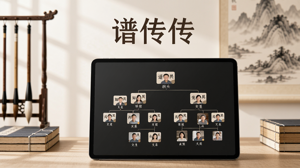 一张现代简约风格的主视觉图,前景是一台平板电脑,屏幕上显示着清晰的家族树状图谱,节点上带有姓名和头像,背景是柔和的中式书房,有毛笔、线装书和淡淡的水墨山水画,画面干净整洁,突出“谱传传”三个字作为标题,整体色调温暖,画质高清,无多余元素