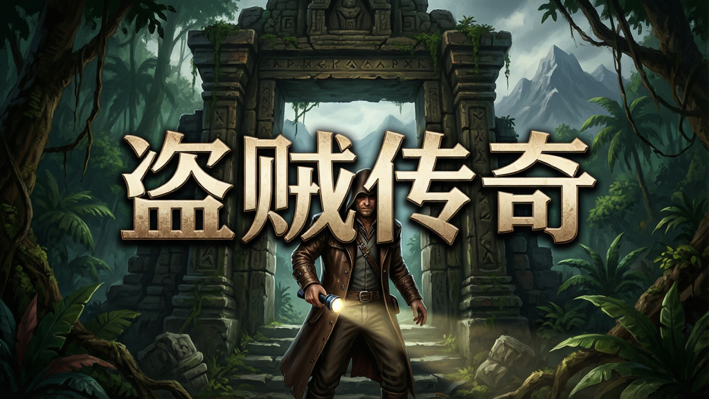 一幅充满神秘色彩的游戏宣传画,主体是主角盗贼站在古老遗迹入口,身穿皮质风衣,手持手电筒,背景是茂密丛林与远处山脉,画面中央有游戏标题“盗贼传奇”四个大字,采用电影级构图,光影对比强烈,细节丰富,画质细腻,干净无多余元素