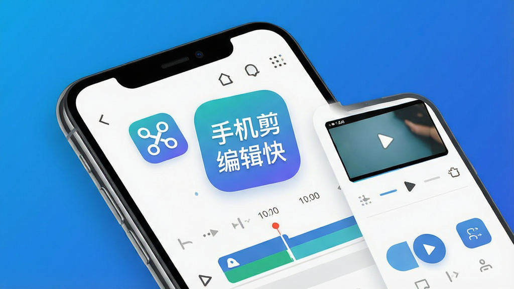 一张展示手机剪辑快软件主界面的高清宣传图,画面中央是一部大屏智能手机,屏幕上清晰显示“手机剪辑快”的APP图标和简洁的剪辑操作界面,包含时间线、预览窗口和功能按钮,背景为渐变色科技蓝,整体布局干净整洁,风格现代扁平化,画质细腻,干净无多余元素。
