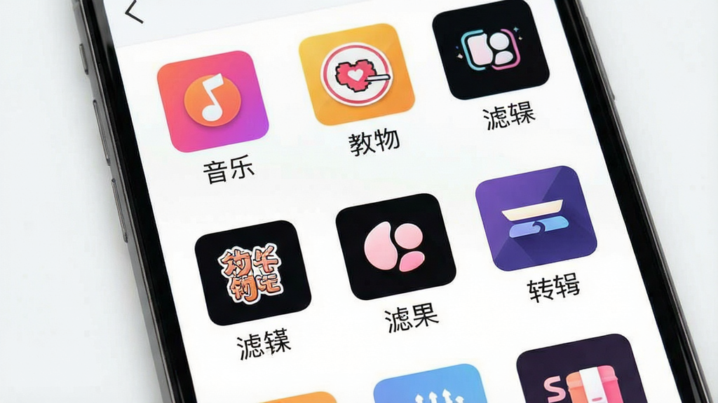 一张手机剪辑快素材库的展示图,画面中手机屏幕展示丰富的素材分类,包括音乐、贴纸、滤镜、转场等图标,每个图标下方有中文名称,背景为浅色简洁风格,界面整洁,色彩鲜明,画质干净,无多余元素。