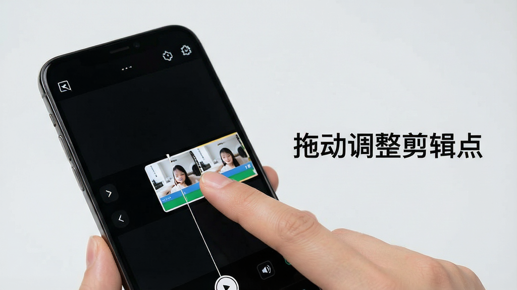 一张手机剪辑快使用教程的配图,画面中手机屏幕显示剪辑界面,手指正在拖动时间线上的素材,旁边有文字说明“拖动调整剪辑点”,背景为浅灰色,风格简洁,画质干净,无多余元素。