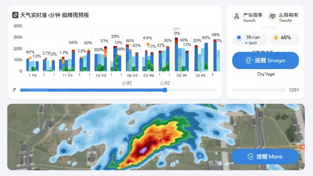 天气实时准分钟级降雨预报页面,展示未来两小时逐分钟降水柱状图,下方为降雨雷达云图动画,云图颜色从浅蓝到深红表示降雨强度,界面有蓝色进度条和提醒按钮,布局采用卡片式设计,风格简约现代,细节包括时间轴刻度和降雨概率百分比,画质清晰,无多余元素