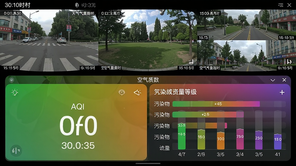 天气实时准实景天气与空气质量界面,上半部分为多个实景摄像头画面拼接,显示街道、公园实时画面,下半部分为空气质量指数仪表盘,颜色从绿色到紫色渐变,界面有AQI数值和污染物浓度条形图,布局左右分栏,风格清新自然,细节包括实景时间戳和空气质量等级文字,画质高清,无多余元素
