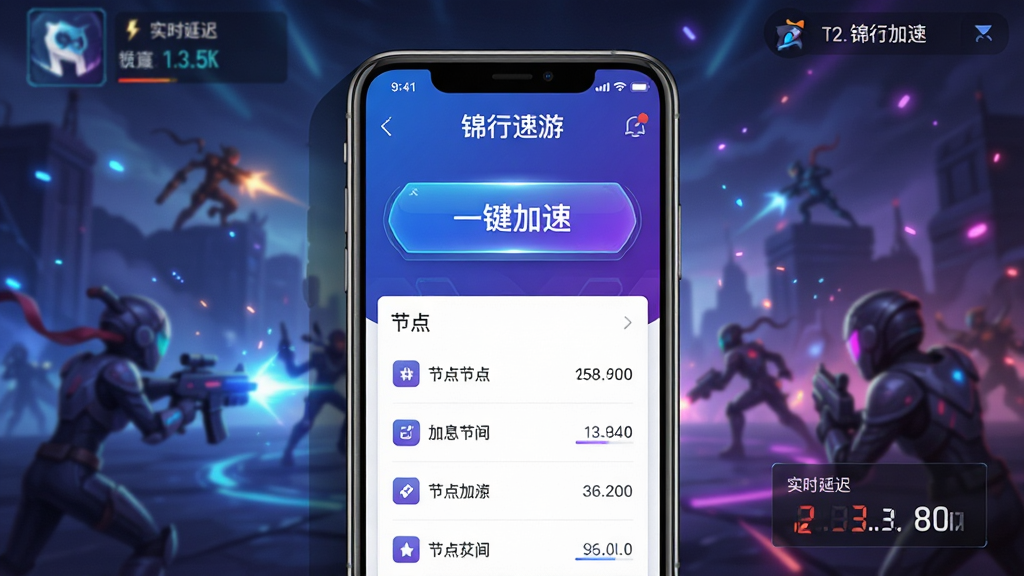 主体:锦行速游App界面截图,背景为炫酷游戏战场,界面显示加速按钮和实时延迟数据。布局:居中展示手机模型,手机屏幕内显示“锦行速游”主界面,上方有“一键加速”按钮,下方有节点列表。排版:简洁清晰,按钮醒目,数据可视化。风格:科技感,现代,色彩鲜艳,蓝色和紫色主色调。细节:手机模型有阴影,界面元素有光泽,背景有光效粒子。画质:高清,干净,无多余元素。