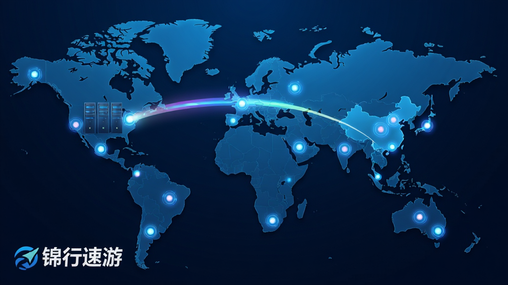主体:世界地图上分布着多个发光节点,中国区域有一道光线连接到美国服务器。布局:地图居中,光线动态效果,节点闪烁。排版:地图占大部分画面,左下角有“锦行速游”Logo。风格:科技感,蓝色调,未来感。细节:节点有脉冲动画,光线有渐变效果。画质:高清,干净,无多余元素。
