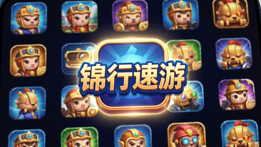主体:手机屏幕显示多款游戏图标排列,中央高亮显示“锦行速游”Logo。布局:游戏图标环绕,中心Logo发光。排版:图标网格排列,Logo居中。风格:游戏风格,色彩丰富。细节:图标有光泽,Logo有立体感。画质:高清,干净,无多余元素。