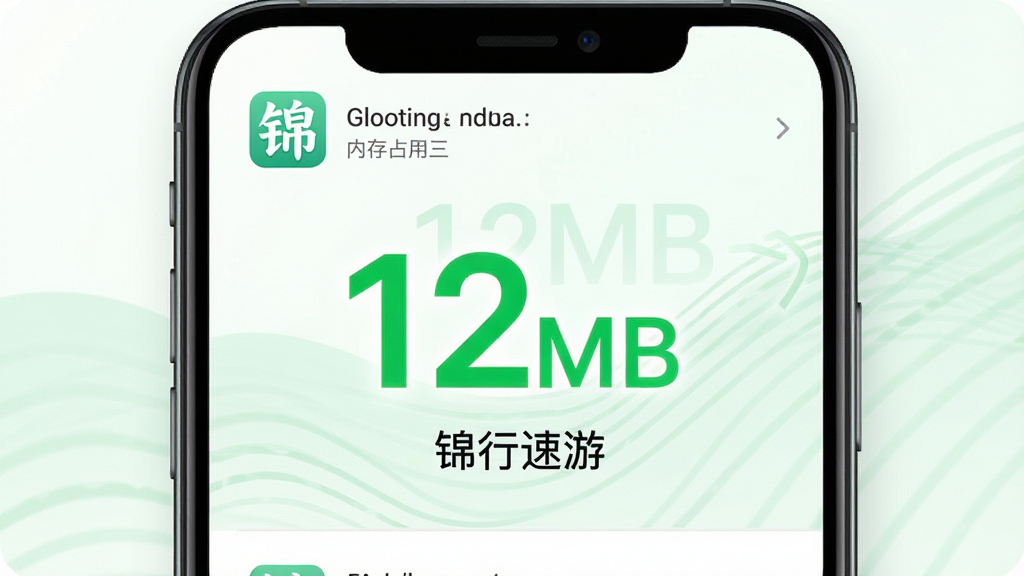 主体:手机后台运行列表,显示“锦行速游”内存占用仅12MB。布局:手机屏幕居中,列表清晰,数字醒目。排版:内存数字用大号绿色字体,下方有“锦行速游”字样。风格:简洁,清新。细节:数字有高亮,背景有淡绿色波纹。画质:高清,干净,无多余元素。