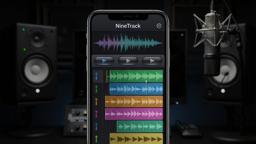 主体:一部智能手机屏幕显示NineTrack应用界面,界面顶部有“NineTrack”字样和波形图,下方有多个彩色音轨轨道;布局:手机居中,背景为深色工作室环境,有监听音箱和麦克风;排版:界面清晰,音轨排列整齐,色彩鲜艳;风格:科技感、专业感,类似音乐制作软件宣传图;细节:波形图精细,按钮有光泽,光线反射自然;画质:8k分辨率,超高清,干净,无多余元素