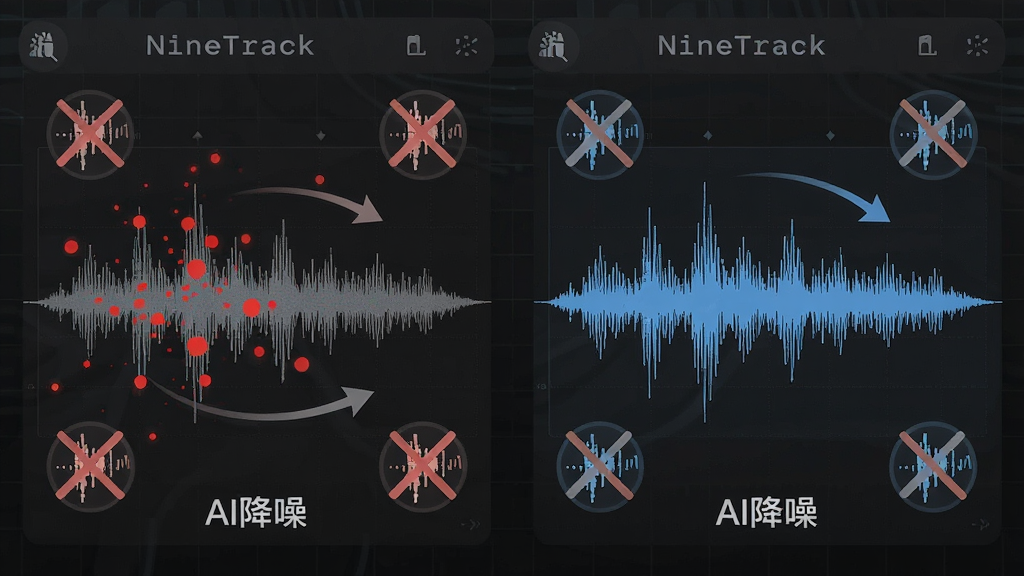 主体:一个人声波形图在NineTrack中被AI降噪处理,前后对比明显,周围有噪点图标被划掉;布局:对比图左右布局,左侧有红色噪点,右侧为干净的蓝色波形,背景为深灰色科技网格;排版:波形图下方有“AI降噪”字样;风格:现代简洁,科技感强;细节:波形细节丰富,有箭头指示处理方向;画质:超清晰,干净,无多余元素
