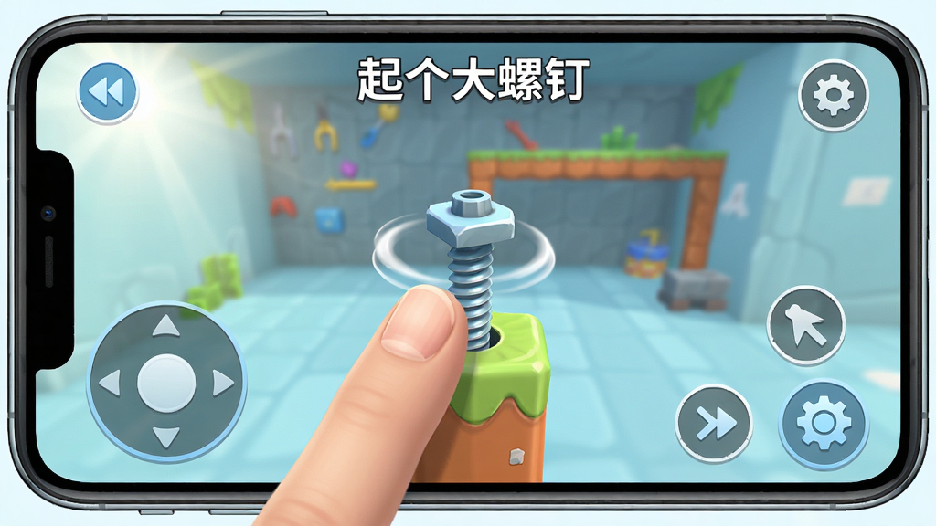 游戏“起个大螺钉”操作界面示意图,画面展示手指在屏幕上滑动旋转螺钉的瞬间,手机边框可见,UI布局清晰,虚拟按键指示明确,背景为游戏内关卡场景,光线明亮,风格清新,画质细腻,干净无杂乱元素。