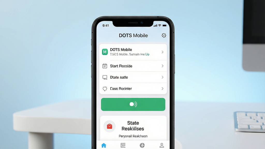 一张智能手机屏幕特写,屏幕中清晰显示“DOTS Mobile”应用主界面,界面包含任务列表、开始录音按钮与个人收益中心,手机放置在简洁的办公桌上,背景为柔和的浅蓝色渐变,整体布局居中,风格简约现代,细节丰富,画质干净,无多余元素,文字标签清晰可见。