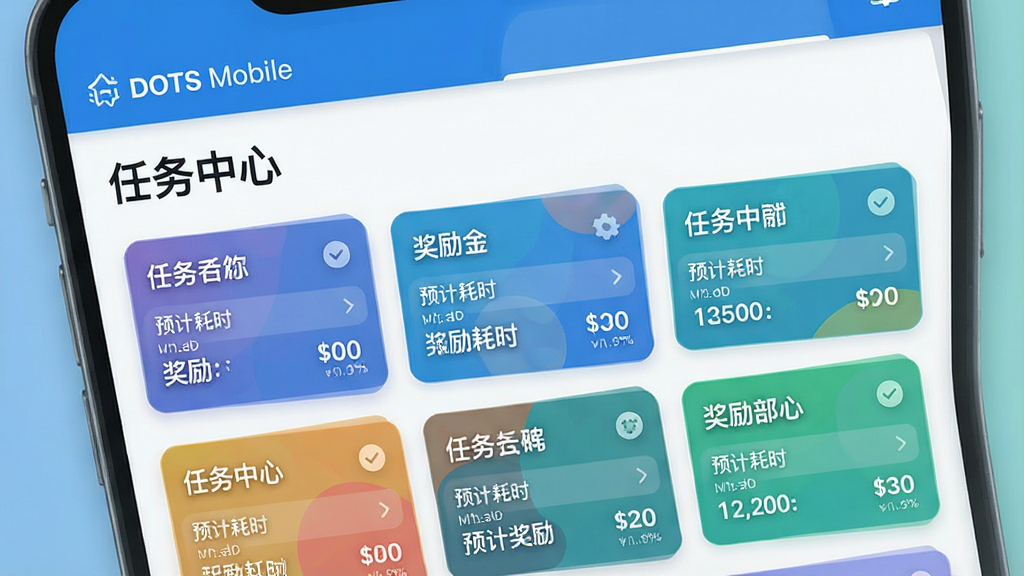 一幅展示“DOTS Mobile”应用内任务列表界面的设计图,界面顶部有“任务中心”标题,下方排列着多个彩色卡片式任务项,每个卡片包含任务名称、预计耗时与奖励金额,布局整齐,风格清新扁平化,主色调为蓝白相间,细节精致,画质干净,无多余元素。