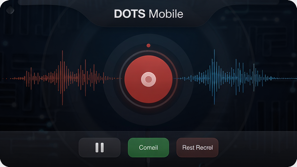 一张展示“DOTS Mobile”录音界面的概念图,画面中央是醒目的红色录音按钮,周围环绕着音量波动波形,背景为深色渐变,突出录音状态,界面底部有暂停、完成与重新录制按钮,整体风格科技感十足,细节丰富,画质干净,无多余元素。