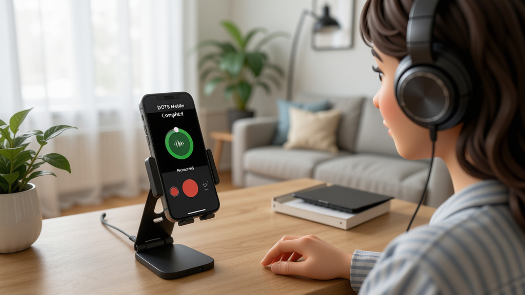 一张展示用户使用“DOTS Mobile”完成录音任务的场景图,用户戴着耳机坐在书桌前,手机支架上的手机屏幕显示录音完成状态,桌面整洁,背景为明亮的客厅,光线充足,风格写实,细节丰富,画质干净,无多余元素。