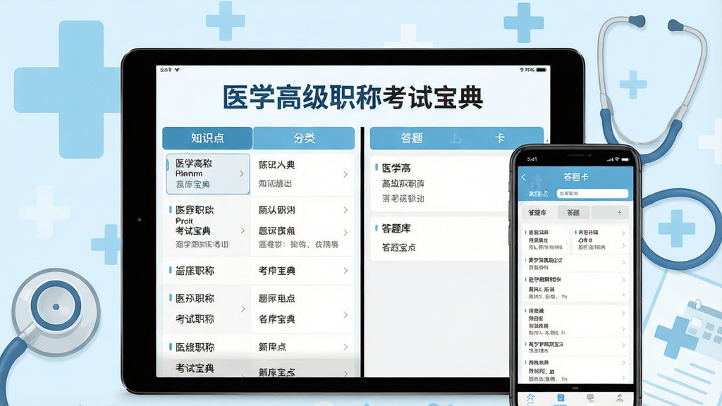 主视觉图展示医学高级职称考试宝典在平板和手机上运行的精美界面,背景为淡蓝色医学十字与听诊器元素,屏幕中清晰显示