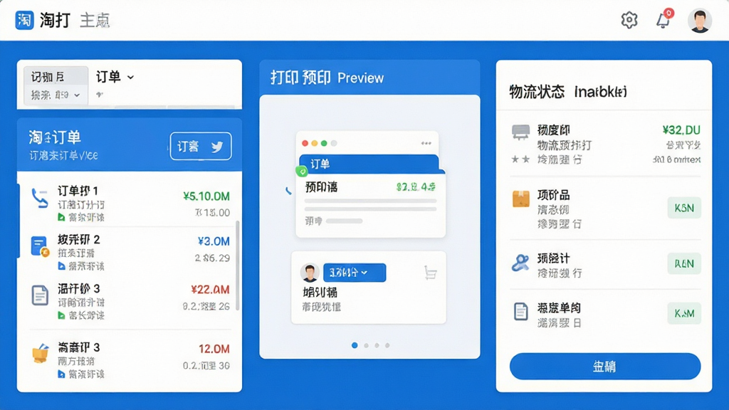 淘打软件主界面截图,展示订单列表、打印预览和物流状态三大核心区域,整体布局清晰简洁,采用蓝白配色,现代扁平化设计风格,界面干净无多余元素,高分辨率画质