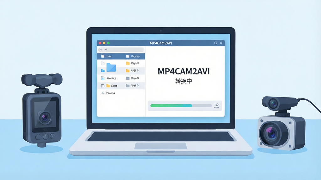 主体:一台笔记本电脑屏幕显示MP4CAM2AVI转换软件的简洁界面,界面中有文件列表和转换进度条,旁边放着行车记录仪和摄像头模型;布局:电脑居中,设备围绕摆放,背景为干净的浅蓝色工作台;排版:界面元素清晰,设备错落有致;风格:现代扁平化插画风,色彩明亮柔和;细节:屏幕中显示“MP4CAM2AVI”字样和“转换中”状态,设备线条流畅;画质:高清渲染,干净无多余元素