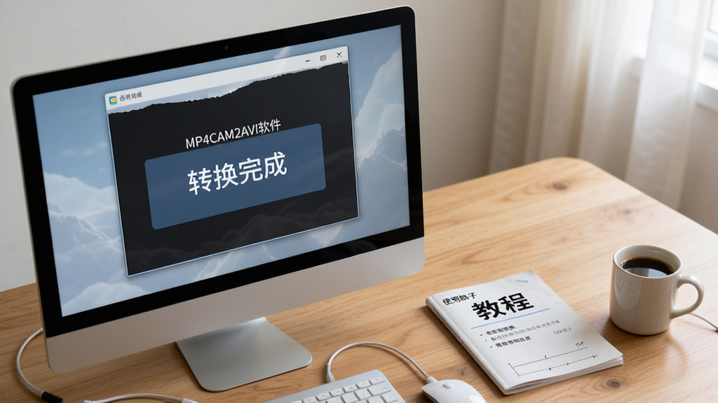 主体:MP4CAM2AVI软件运行在电脑上,旁边有一本使用手册和一杯咖啡,屏幕显示转换完成提示;布局:电脑位于左侧,手册和咖啡在右侧,背景为木质桌面;排版:元素分布自然,有空间感;风格:写实摄影风格,光线柔和;细节:屏幕上有“转换完成”字样,手册封面有“教程”二字;画质:高清,干净整洁
