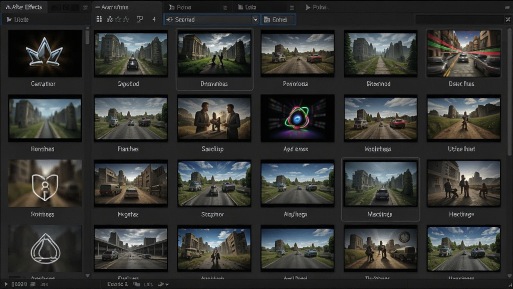 展示Adobe After Effects特效库面板的图片,主体是网格排列的各种特效缩略图,布局整齐,排版美观,风格清晰,细节包括图标和名称标签,画质高清,无多余元素