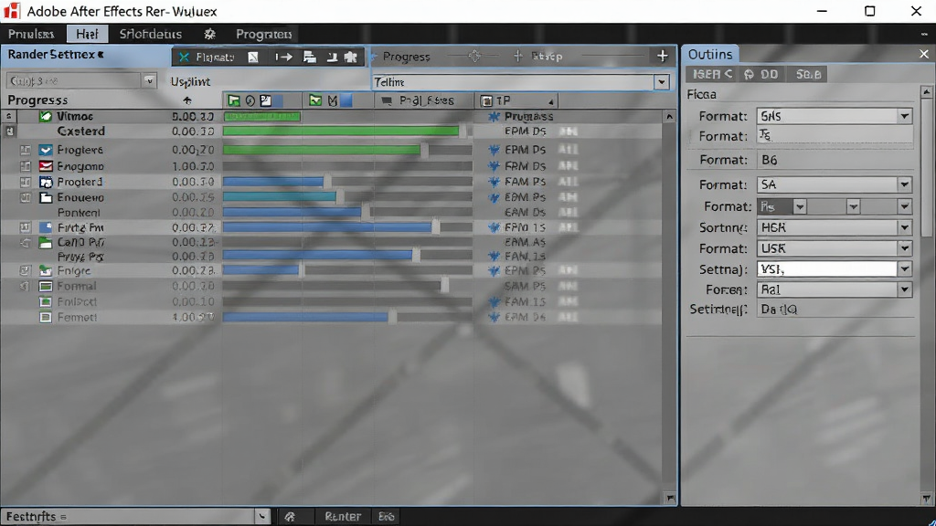 展示Adobe After Effects渲染队列界面的图片,主体是渲染进度列表和输出设置选项,布局清晰,排版简洁,风格现代,细节包括进度条和格式选择,画质干净,无多余元素