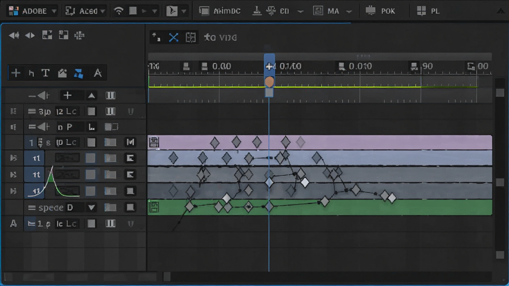 展示Adobe After Effects时间轴编辑界面的图片,主体是带有多个关键帧的图层轨道,布局清晰,排版专业,风格现代,细节包括关键帧菱形图标和速度曲线,画质干净高清,无多余元素